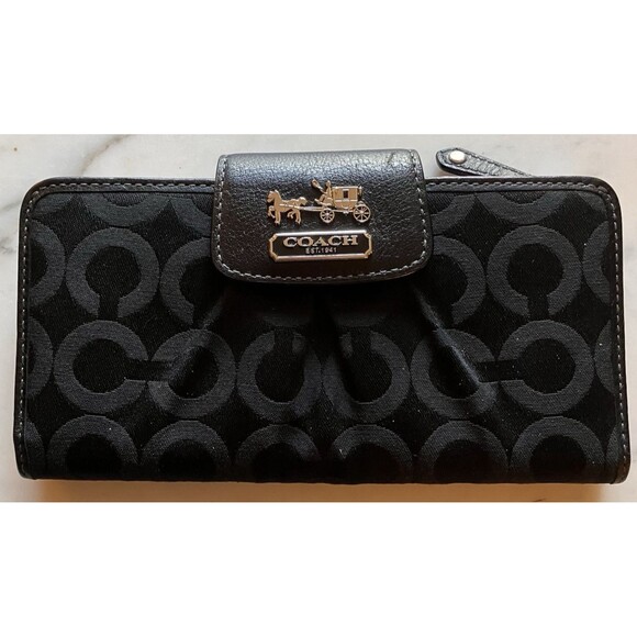 Coach Madison Op Art Black Slim Checkbook & Wallet Logo Snap Close Coin Holder - Picture 1 of 11